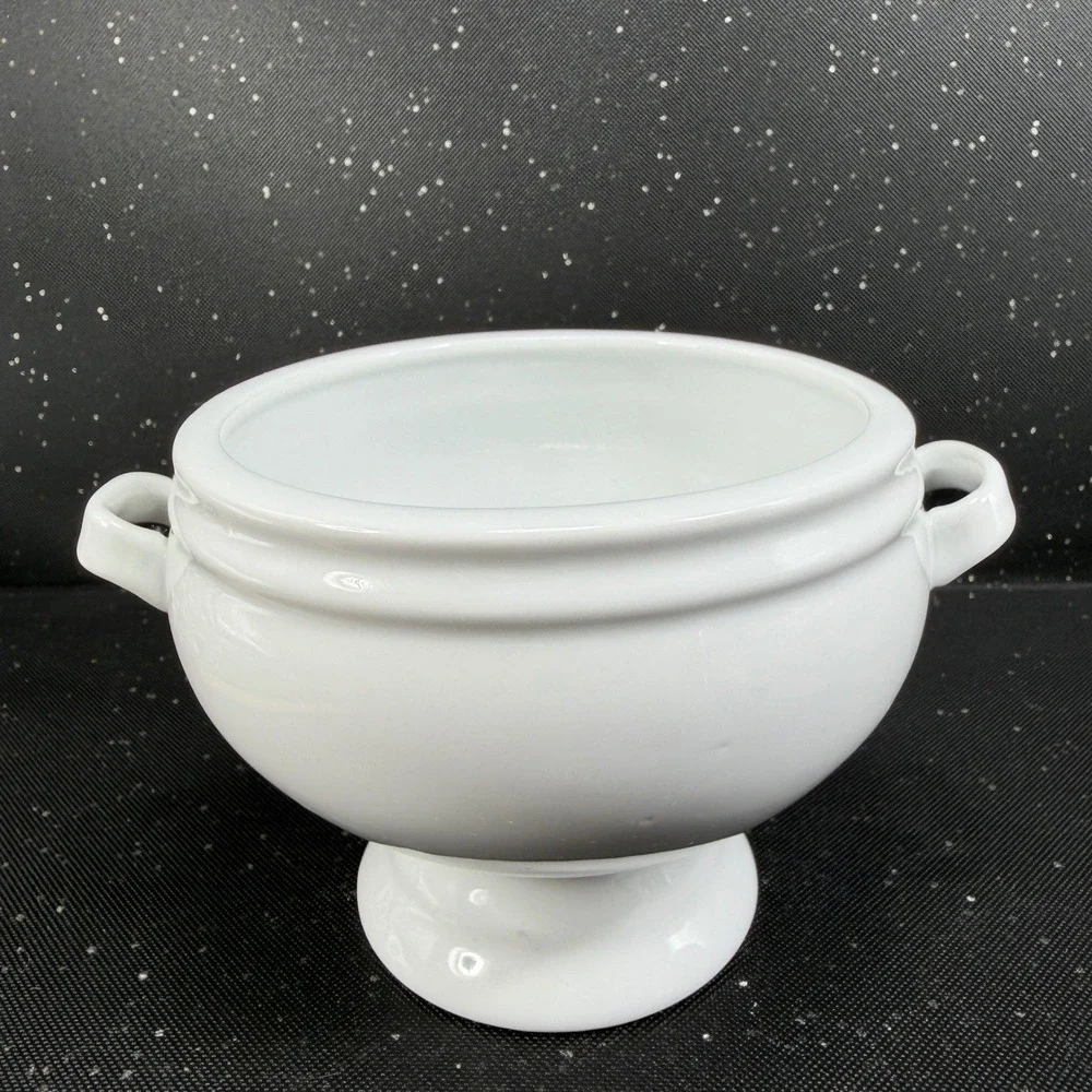 Crate & Barrel White Porcelain Footed Soup Bowls Dishes with Handles Set of 2